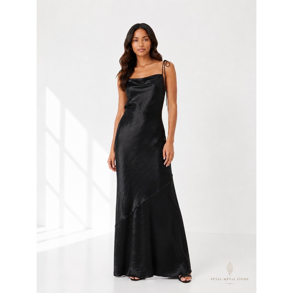 Rebecca Vallance Henri Black Shantung Cowl Neck Shoulder‎ Tie Flair Maxi Dress 8